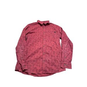 Solaris mens M Geometric Bear Print Button Up‎ Long Sleeve Shirt Red Black Size
